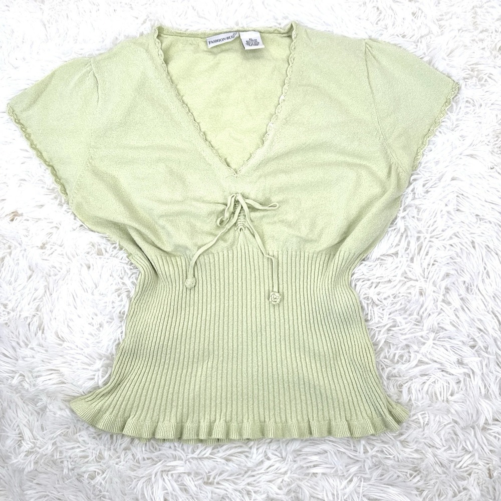 Fashion Bug Vintage Y2K Cropped Knit Top XL Fairy Whimsy Boho Pastel Chartreuse